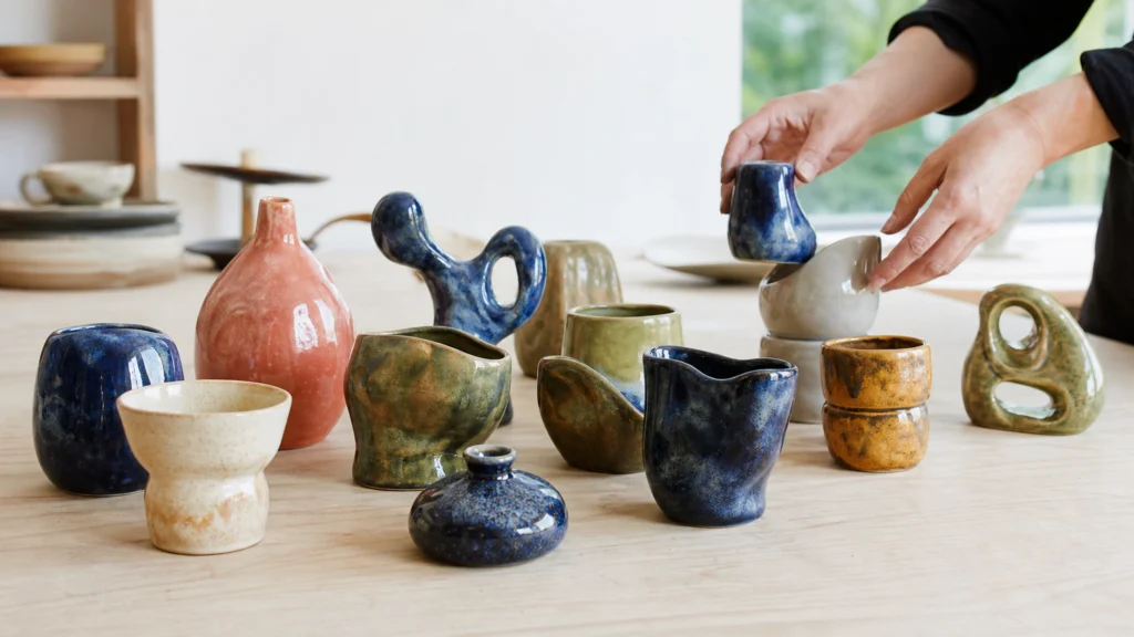 Céramiques contemporaines colorées présentées dans un atelier de design