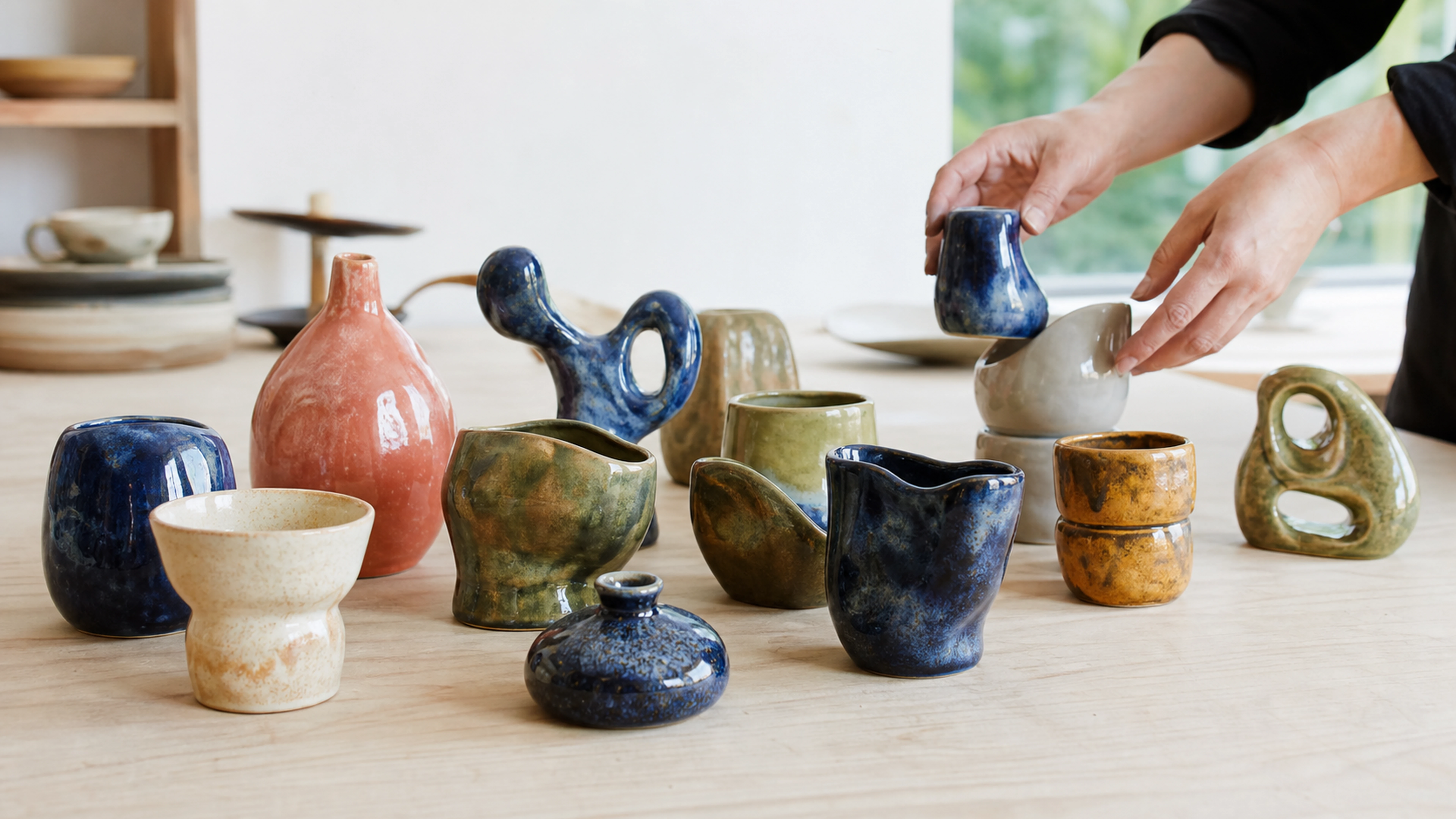 Céramiques contemporaines colorées présentées dans un atelier de design