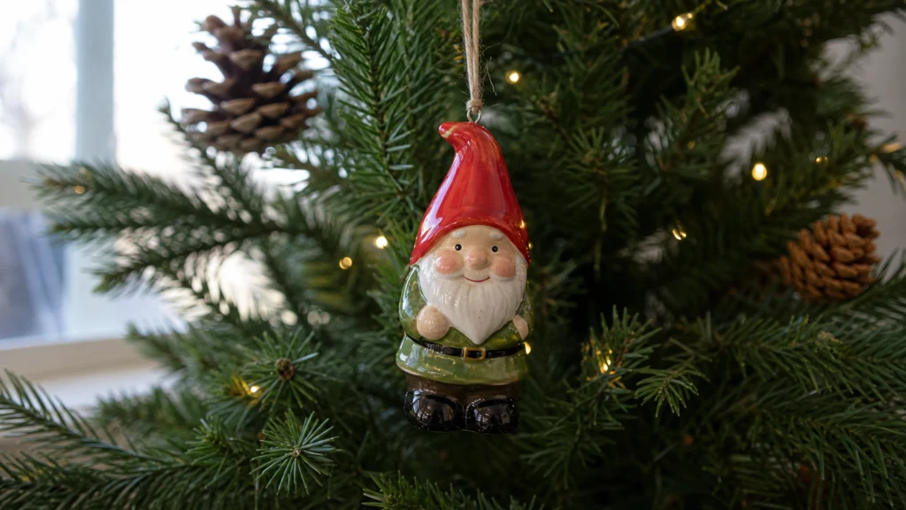 Ornement de Noël en forme de nain de jardin suspendu à une branche de sapin