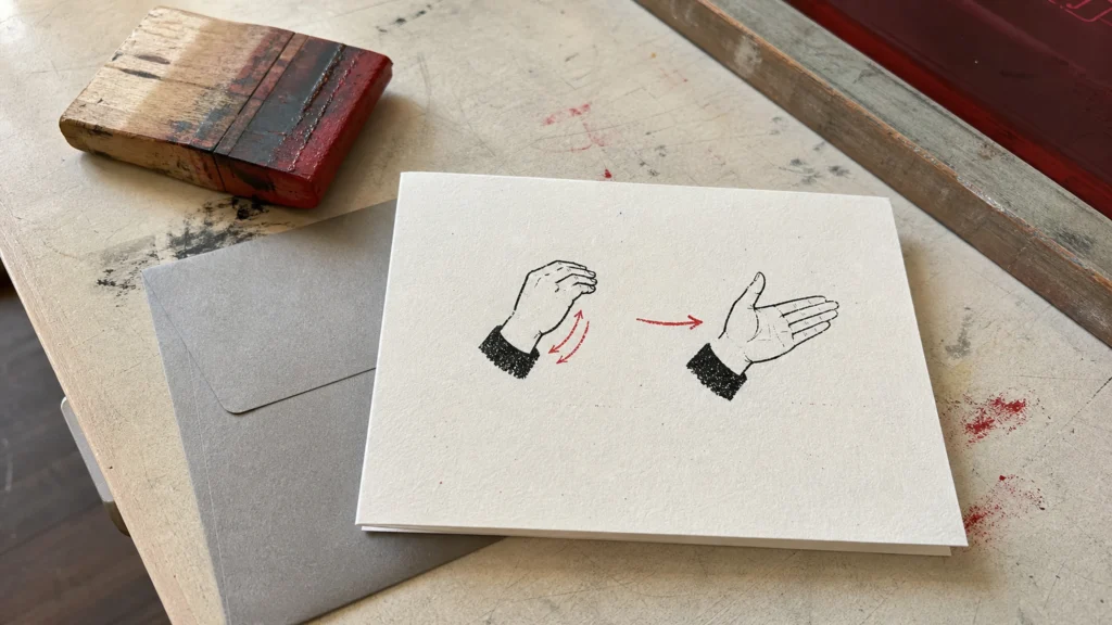 Carte artisanale sérigraphiée avec un geste de remerciement en langue des signes