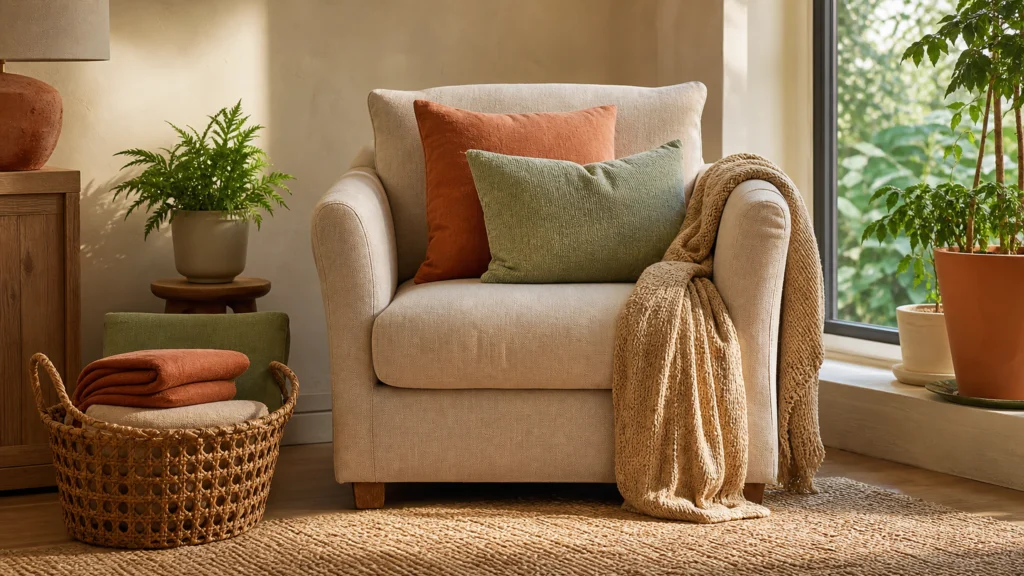 Coin lecture lumineux décoré de coussins, d’un plaid, de linge plié et d’un tapis tissé