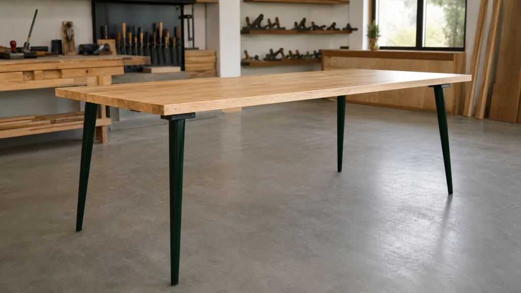Table sur mesure en bois équipée de quatre pieds métalliques amovibles dans un atelier lumineux