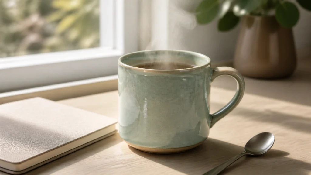 Grand mug artisanal en céramique vert menthe posé sur un bureau en bois clair