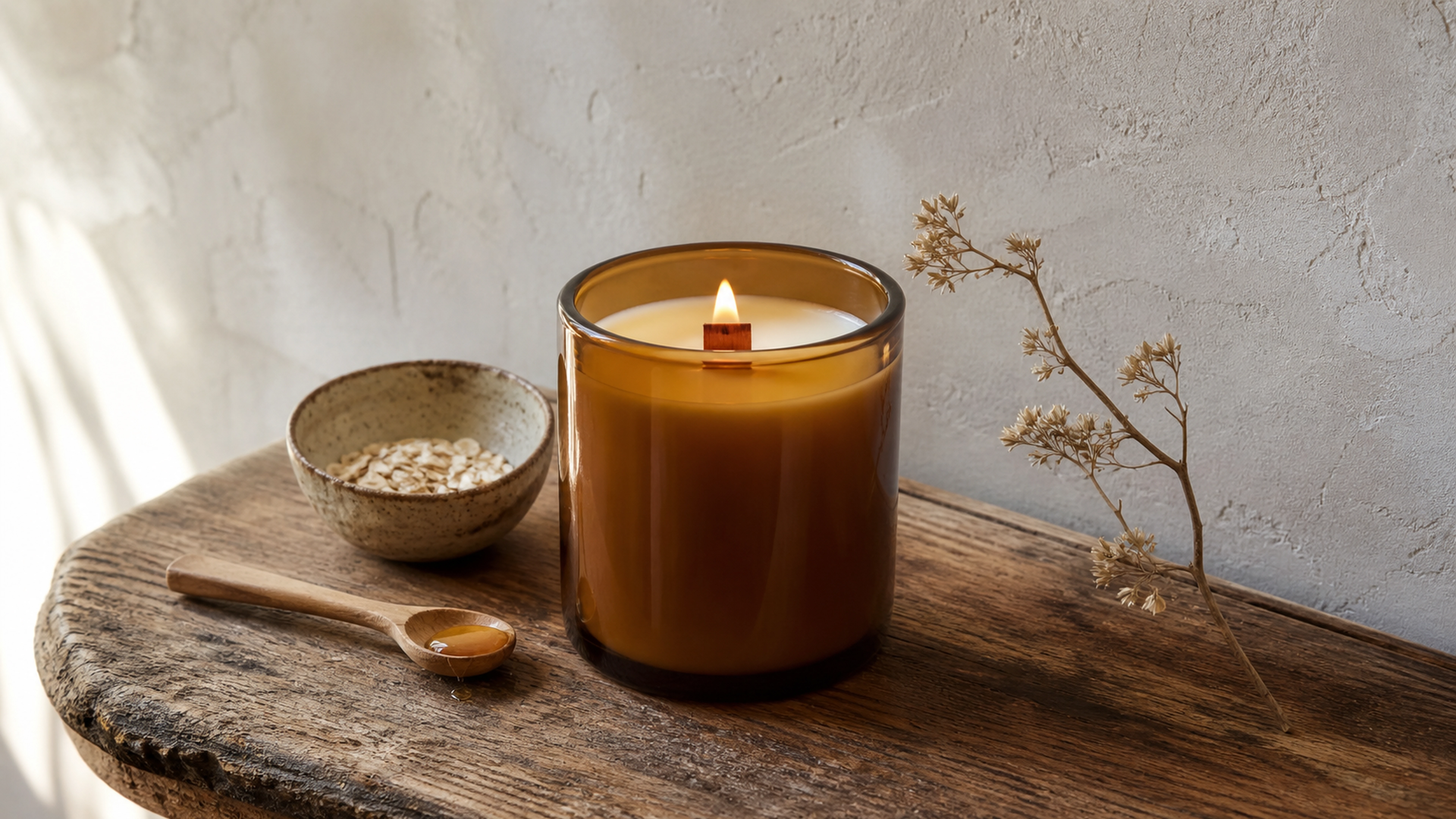 Bougie en cire de soja dans un pot en verre ambré avec mèche en bois allumée