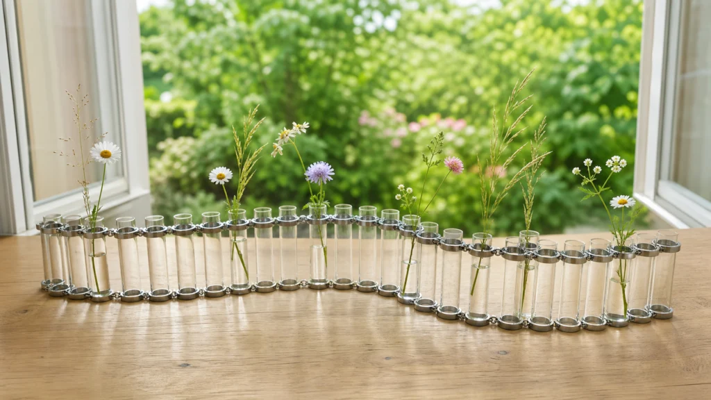 Vase modulable en tubes de verre articulés garni de quelques fleurs des champs