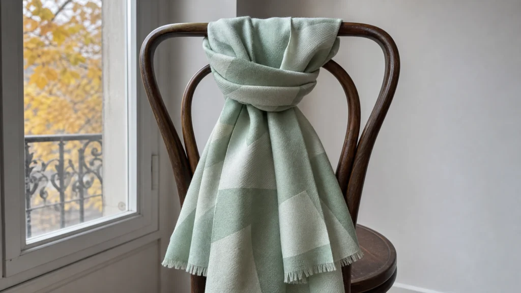 Foulard en laine couleur menthe drapé sur une chaise en bois près d'une fenêtre
