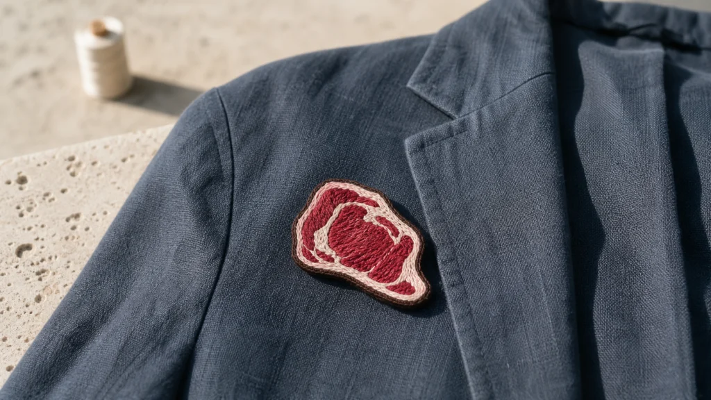 Broche textile brodée en forme d'entrecôte épinglée sur une veste en lin bleu