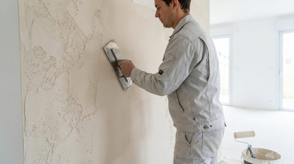 Artisan appliquant de l'enduit sur un mur intérieur avec une taloche métallique.