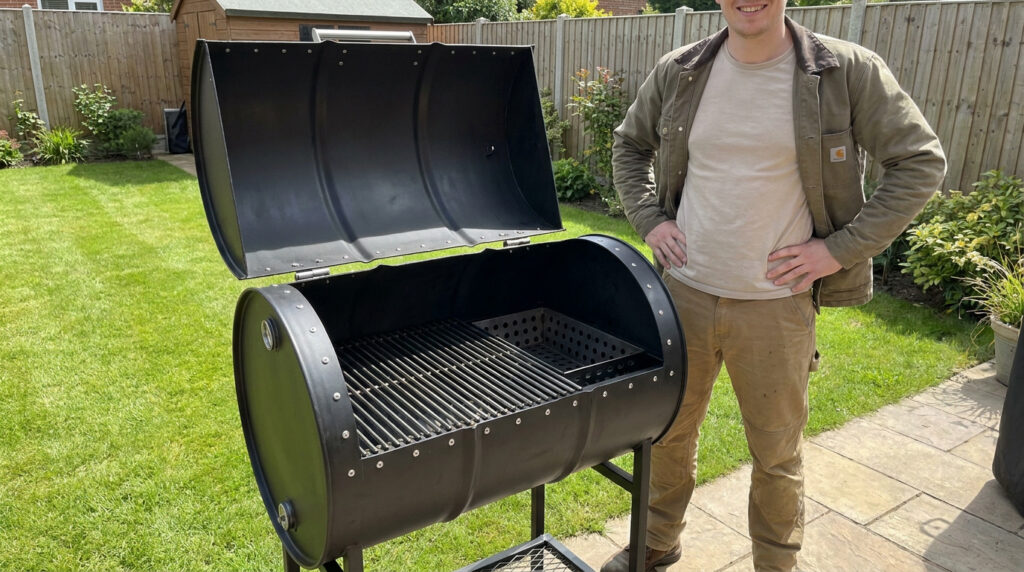 Un homme souriant debout à côté d'un barbecue noir fabriqué à partir d'un bidon métallique dans un jardin.