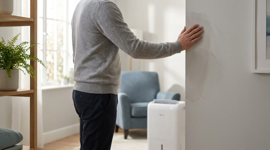 Un homme touche une tache d'humidité sur un mur blanc près d'un déshumidificateur dans un salon lumineux.