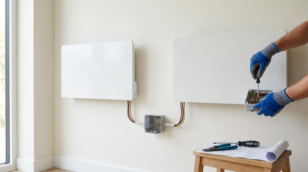 Un électricien branche un radiateur électrique en utilisant une boîte de dérivation murale.