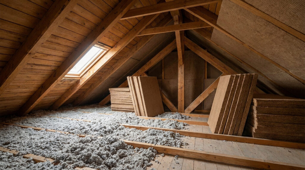 Grenier aménageable avec des panneaux isolants et de la laine soufflée entre les solives en bois.