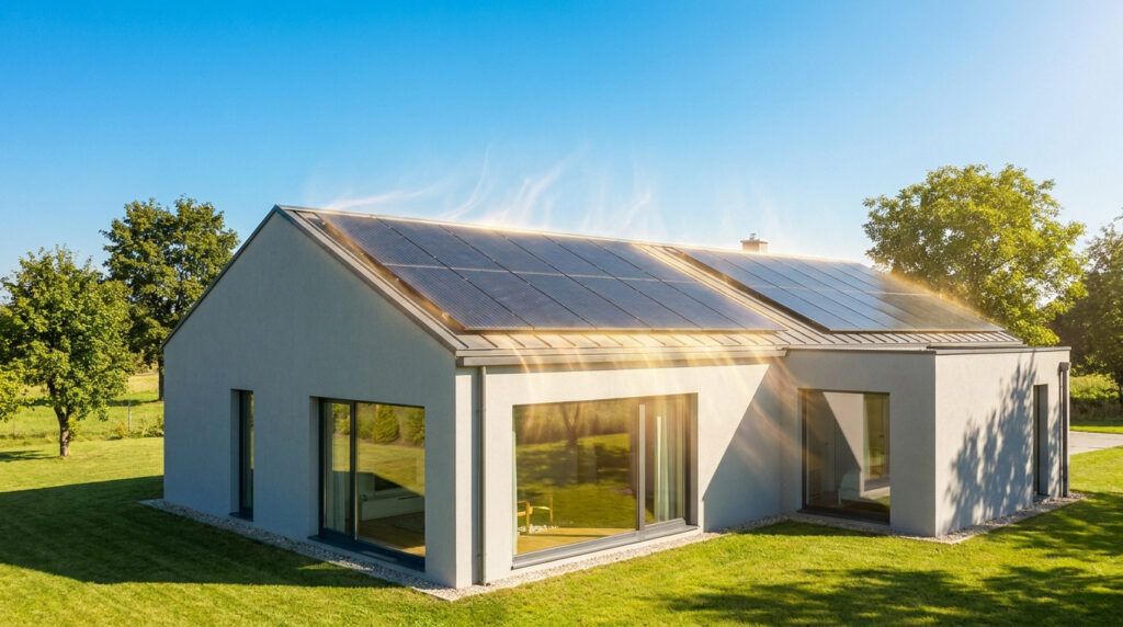 Une maison moderne avec des panneaux solaires sur le toit sous un ciel bleu ensoleillé.