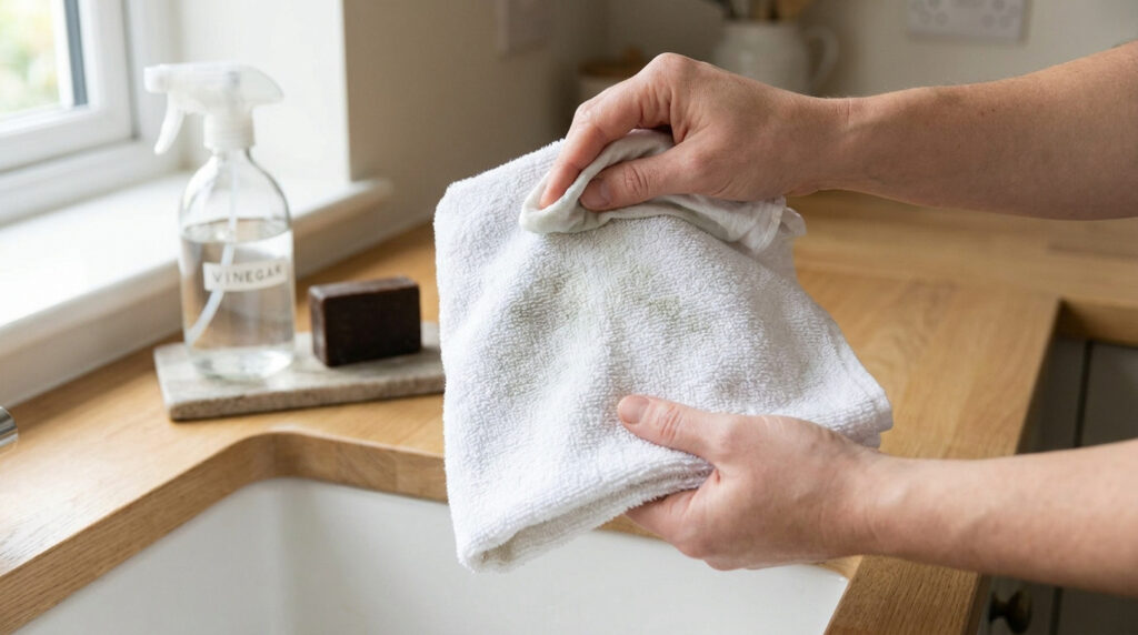 Mains tenant une serviette blanche tachée près d'un flacon de vinaigre dans une cuisine.