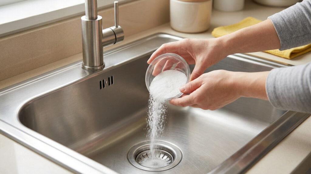 Une personne verse de l'acide citrique en poudre dans l'évacuation d'un évier en inox pour le déboucher.
