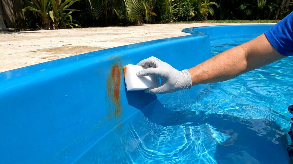 Une personne avec un gant nettoie une tache de rouille sur le bord d'une piscine bleue avec une éponge.