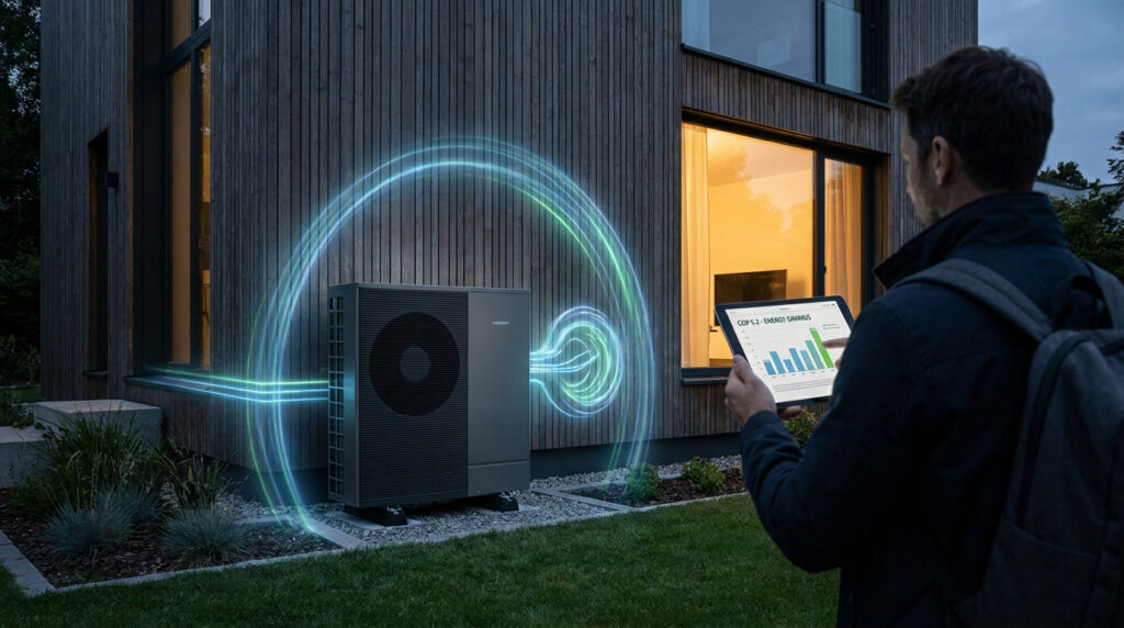Un homme consulte le rendement énergétique de sa pompe à chaleur sur une tablette numérique devant une maison moderne.
