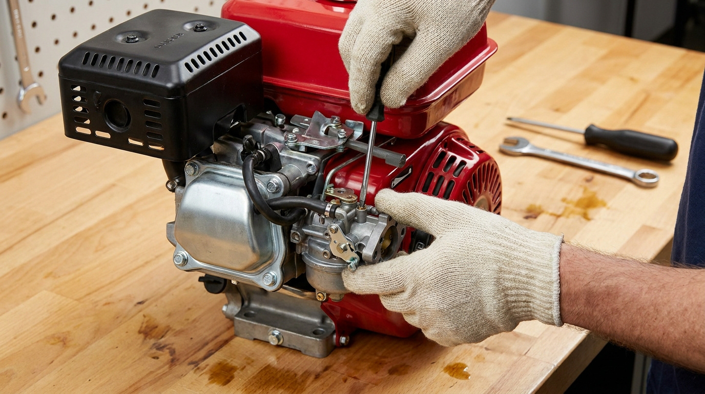 Une personne utilisant un tournevis pour régler le carburateur d'un moteur thermique rouge sur un établi.
