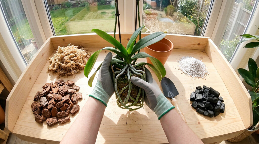 Mains gantées tenant une orchidée au-dessus d'une table avec écorces, sphaigne, perlite et charbon.