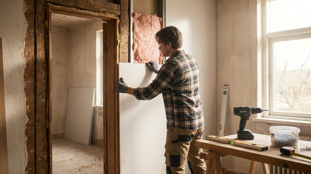 Un artisan en chemise à carreaux installe une plaque de plâtre sur l'ouverture d'une porte dans une pièce en travaux.