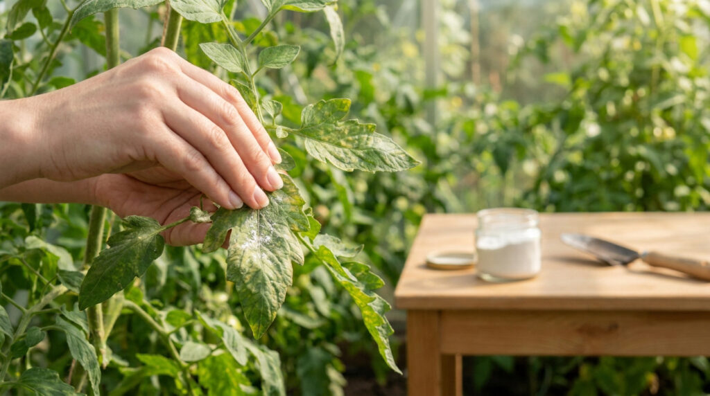 Mains examinant une feuille de tomate malade avec de la poudre blanche dans une serre.