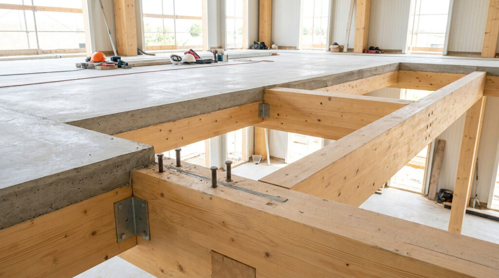 Vue d'un chantier de construction avec une structure en bois massif et une dalle en béton collaborant.