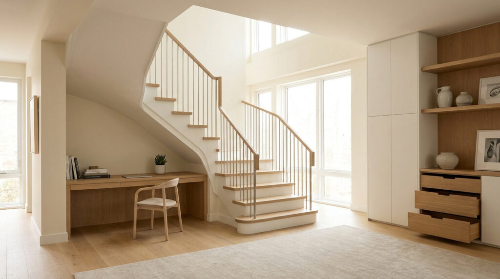 Escalier design en bois et blanc avec un espace bureau intégré en dessous, dans un intérieur lumineux et moderne.