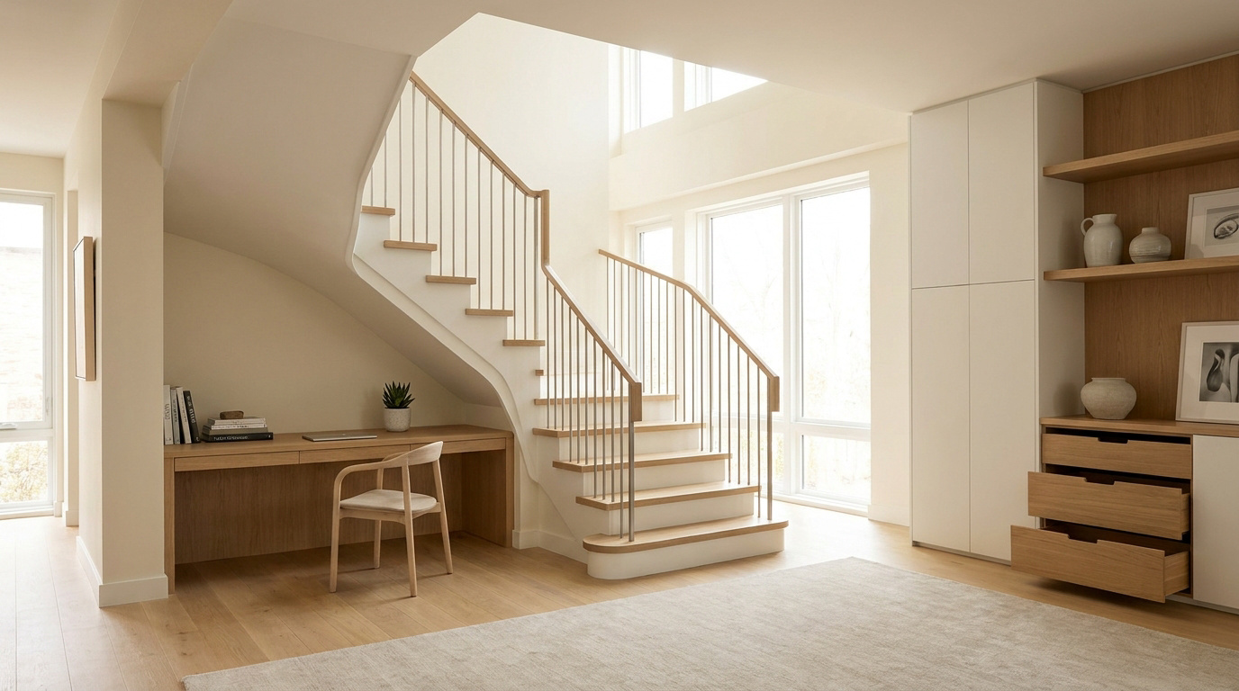 Escalier design en bois et blanc avec un espace bureau intégré en dessous, dans un intérieur lumineux et moderne.