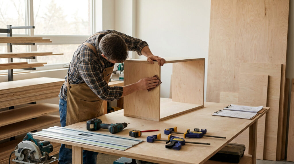 Un menuisier ponce les bords d'un caisson en bois dans son atelier de bricolage.
