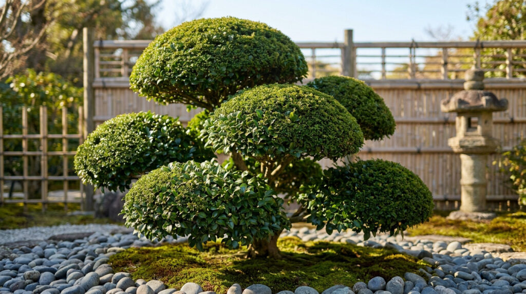Camélia taillé en nuage dans un jardin japonais avec mousse et galets