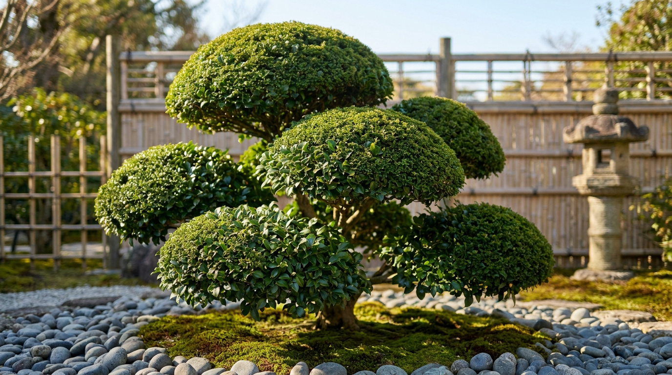 Camélia taillé en nuage dans un jardin japonais avec mousse et galets