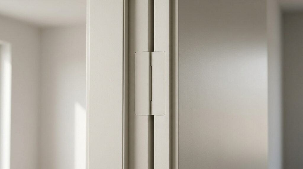 Gros plan sur une charnière invisible et affleurante intégrée harmonieusement au cadre et à la porte beige.