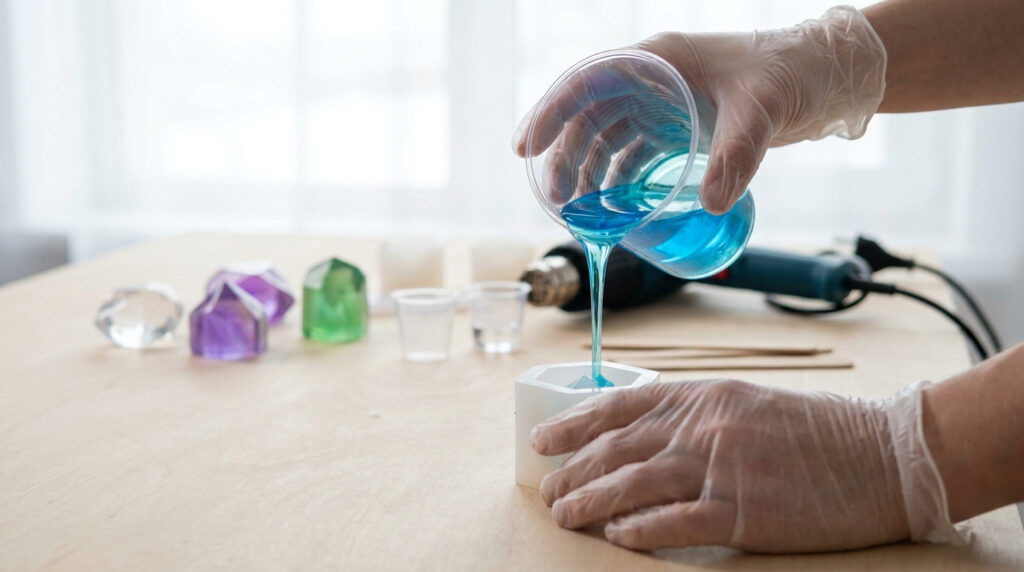 Gros plan sur des mains gantées versant de la résine bleue dans un moule en silicone.
