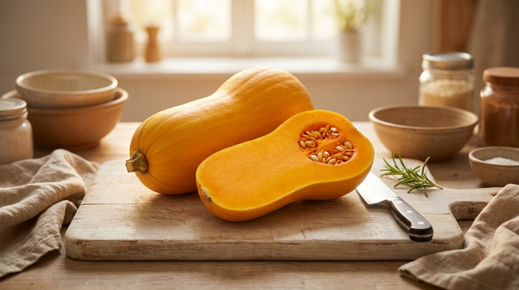 Une courge butternut entière et une moitié coupée sur une planche à découper dans une cuisine lumineuse.