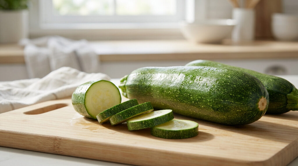 Courgettes fraîches entières et tranchées sur une planche à découper en bois dans une cuisine lumineuse.