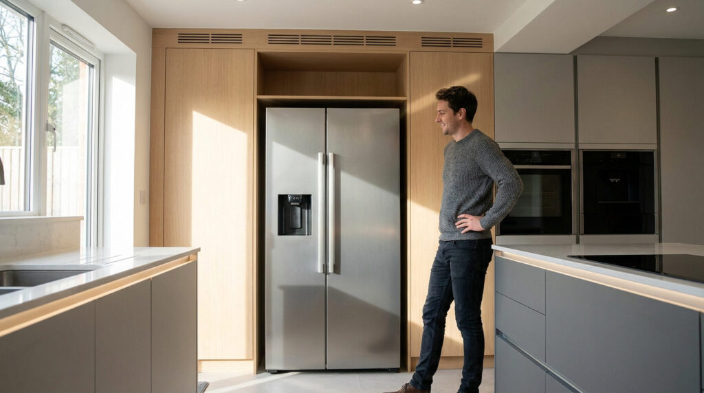 Un homme souriant admire son nouveau réfrigérateur américain installé dans une niche en bois sur mesure.