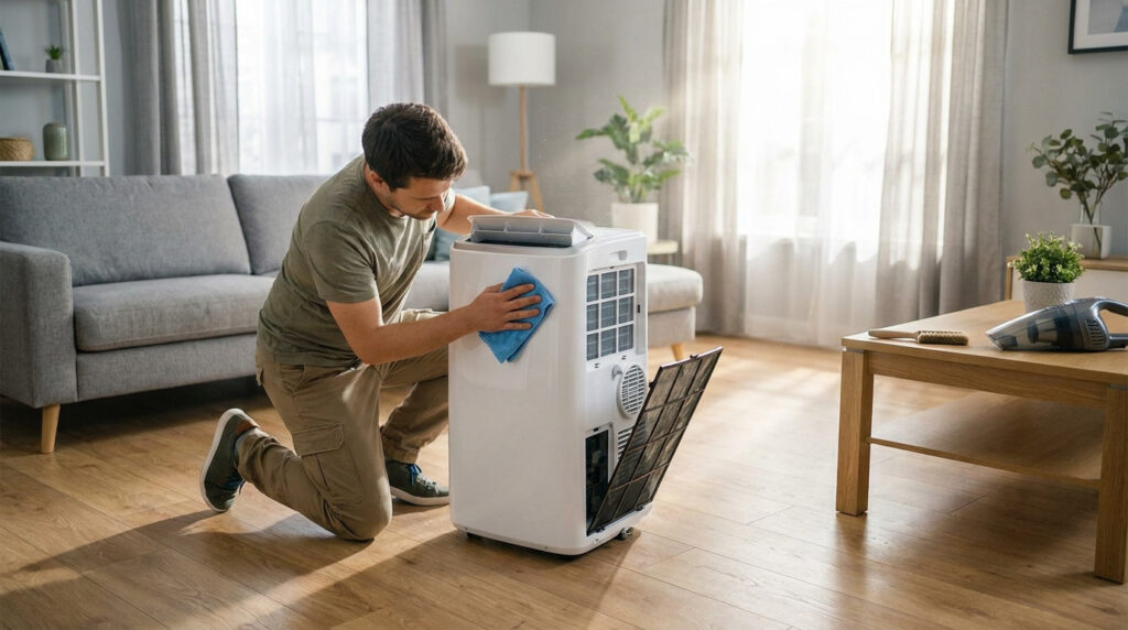 Un homme nettoie son climatiseur mobile avec un chiffon bleu dans son salon lumineux.