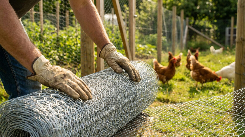 Une personne portant des gants de protection manipule un rouleau de grillage à poule dans un enclos avec des poules.