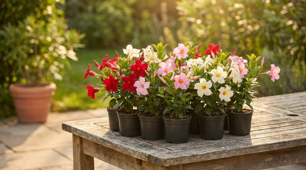 Plusieurs dipladenias aux fleurs rouges, roses et blanches dans des pots noirs sur une table en bois au soleil.