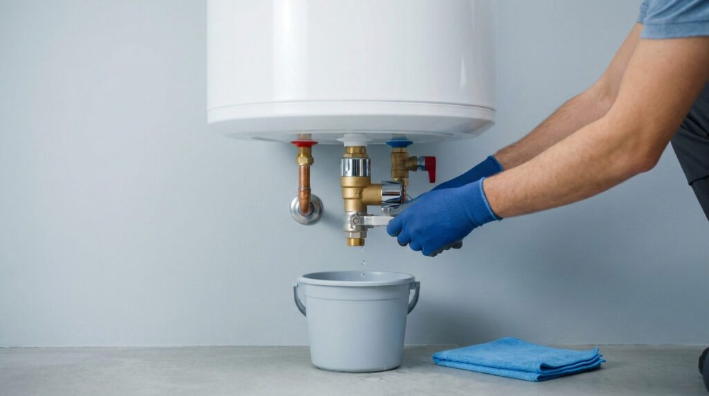 Un plombier en gants bleus vidange un chauffe-eau électrique au-dessus d'un seau gris.