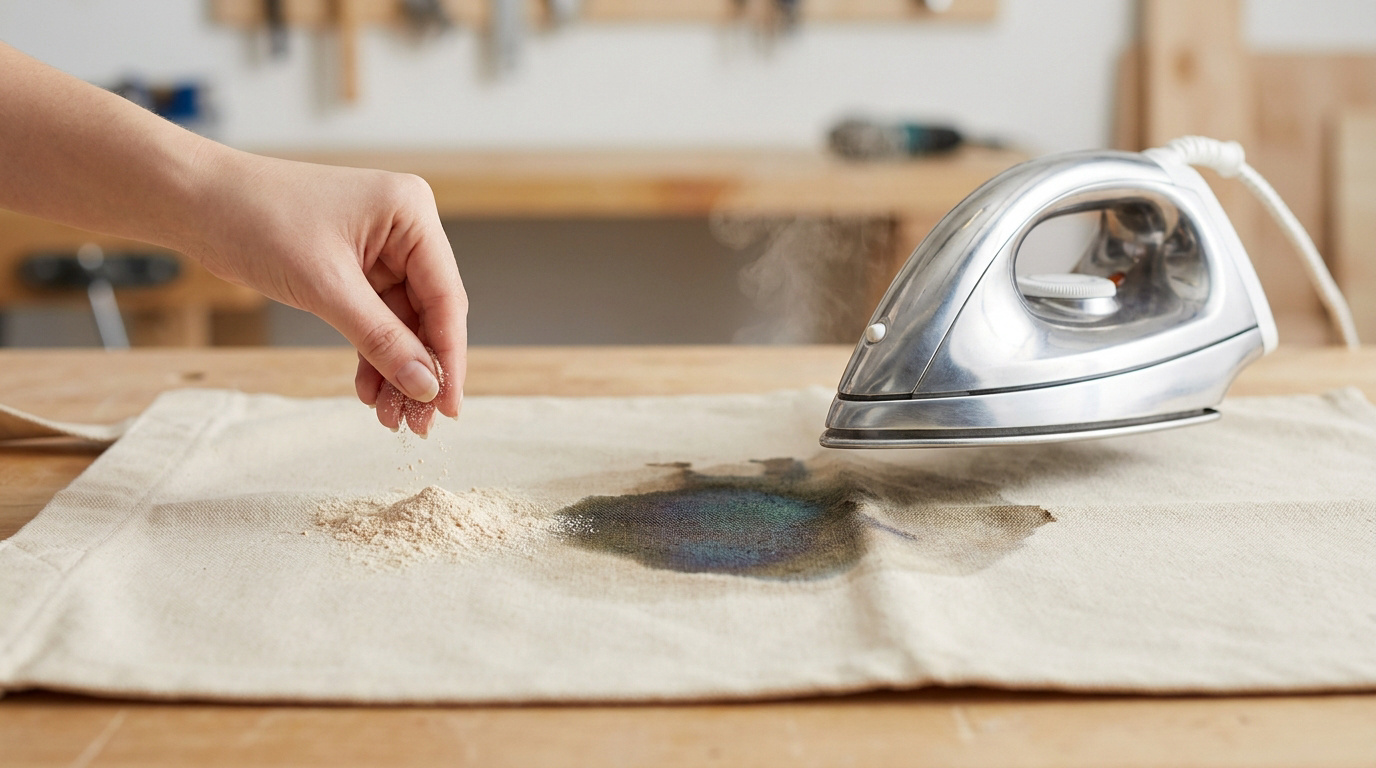 Une main saupoudre de la poudre absorbante sur une tache d'huile sur un tissu, avec un fer à repasser à proximité.