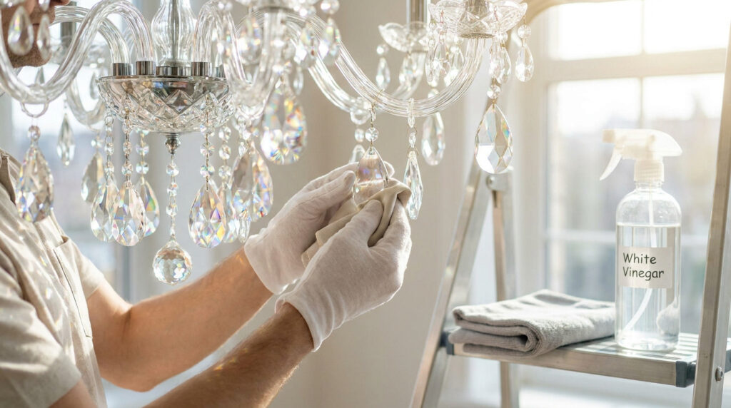 Une personne portant des gants blancs nettoie délicatement les pampilles d'un lustre en cristal avec un chiffon.