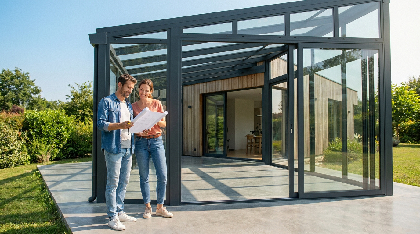 Un couple examine les plans devant leur nouvelle véranda moderne en aluminium noir dans un jardin ensoleillé.