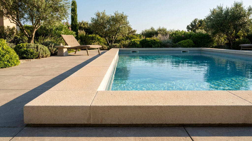 Piscine moderne avec margelles en béton clair entourée d'une terrasse et d'un jardin méditerranéen ensoleillé.