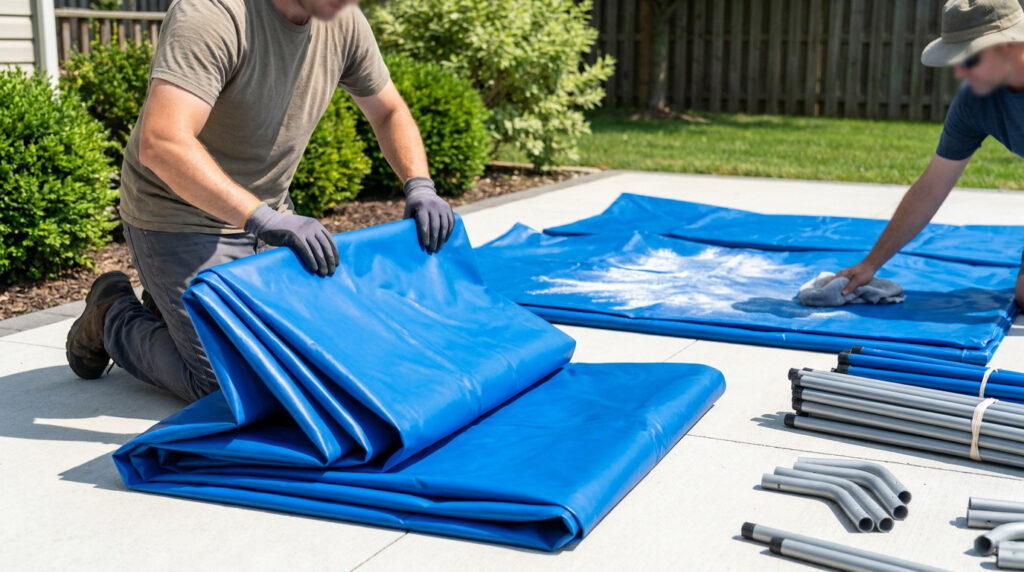 Deux hommes plient et nettoient le liner bleu d'une piscine tubulaire sur une terrasse ensoleillée.