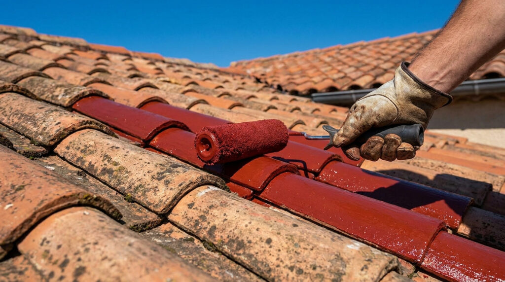 Main gantée utilisant un rouleau pour peindre des tuiles en terre cuite vieillies avec une peinture rouge vive.