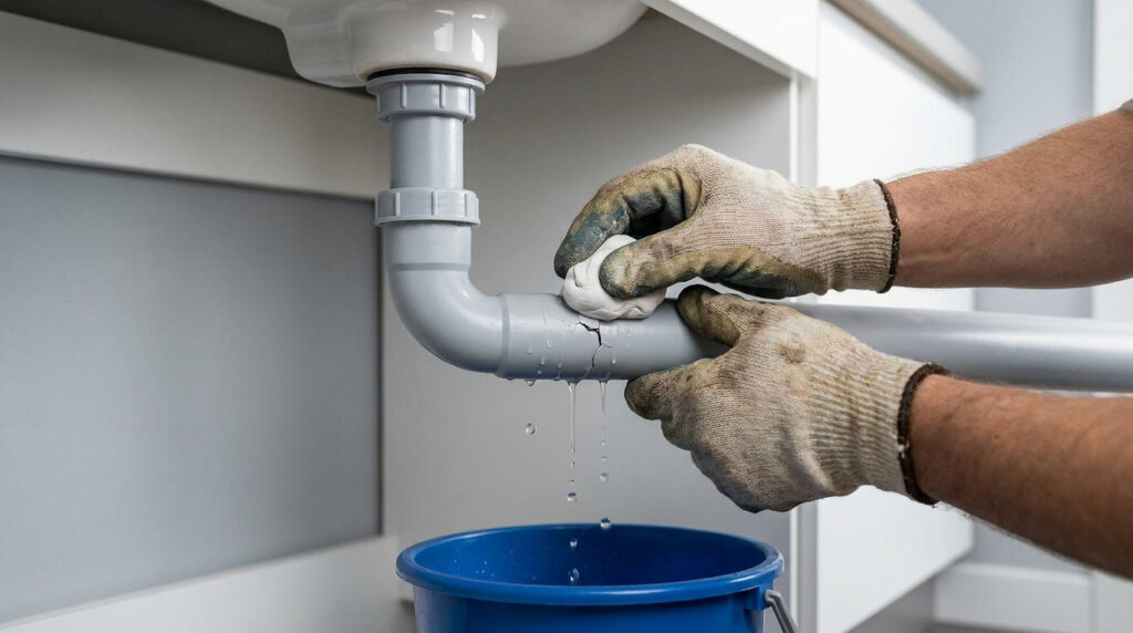 Une personne porte des gants de travail pour appliquer du mastic sur une fissure d'un tuyau sous un évier.