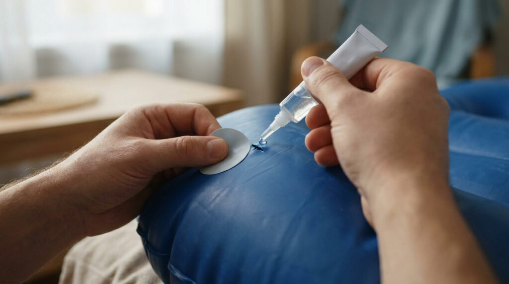 Gros plan sur des mains appliquant de la colle sur une déchirure de matelas gonflable bleu avec une rustine à côté.