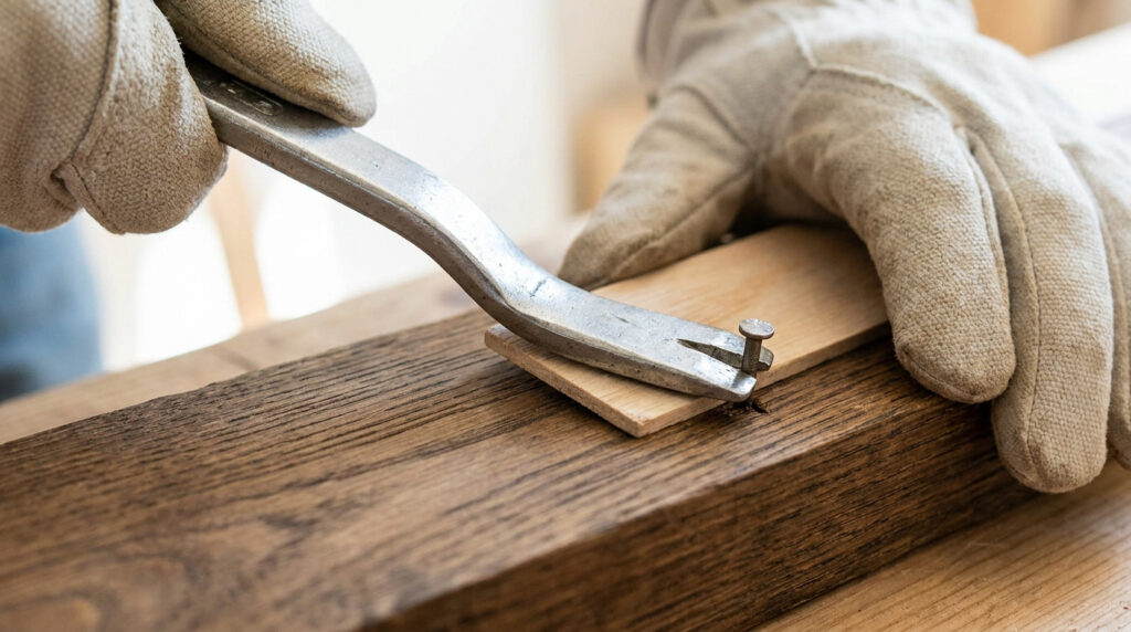 Gros plan sur des mains gantées utilisant un pied-de-biche pour retirer un clou d'une planche en bois avec une cale.