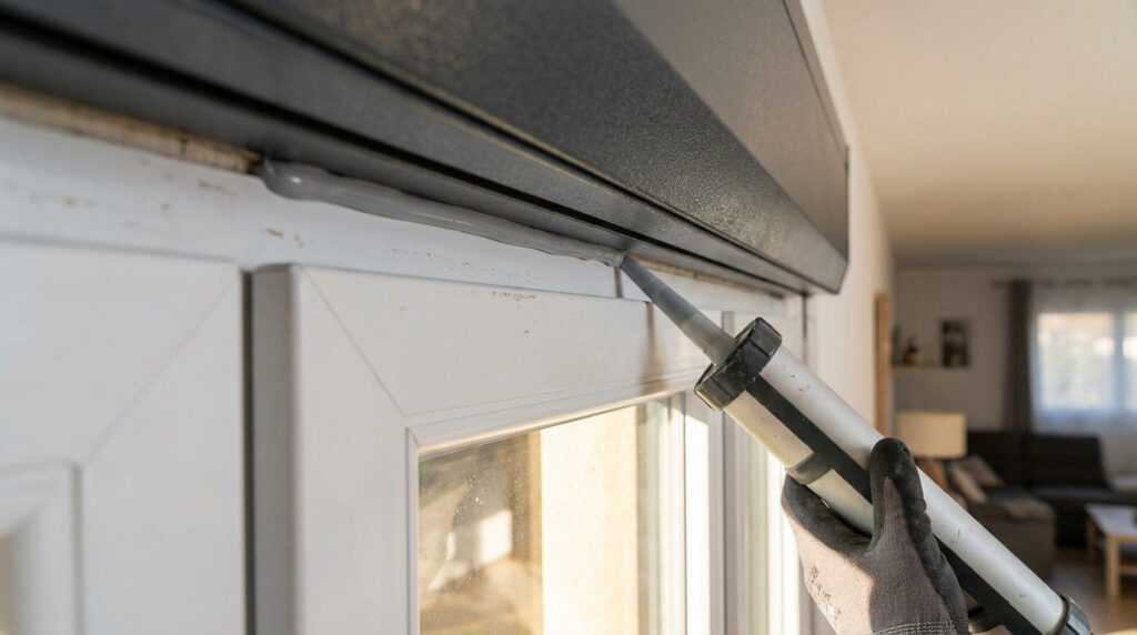 Une main gantée applique du mastic avec un pistolet extrudeur sous un coffre de volet roulant pour le rendre étanche.